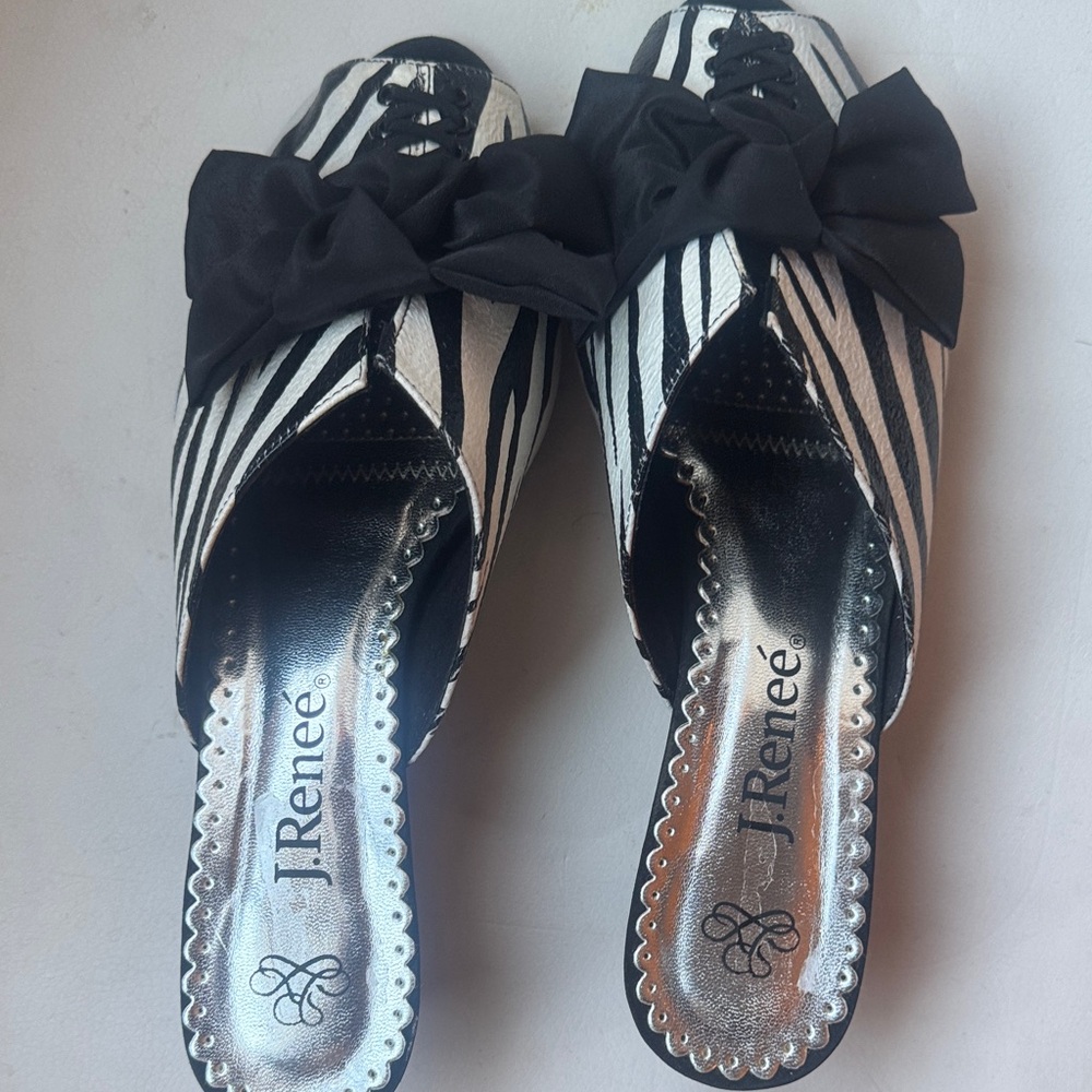J.Renee Black and White Striped Mules with Bow